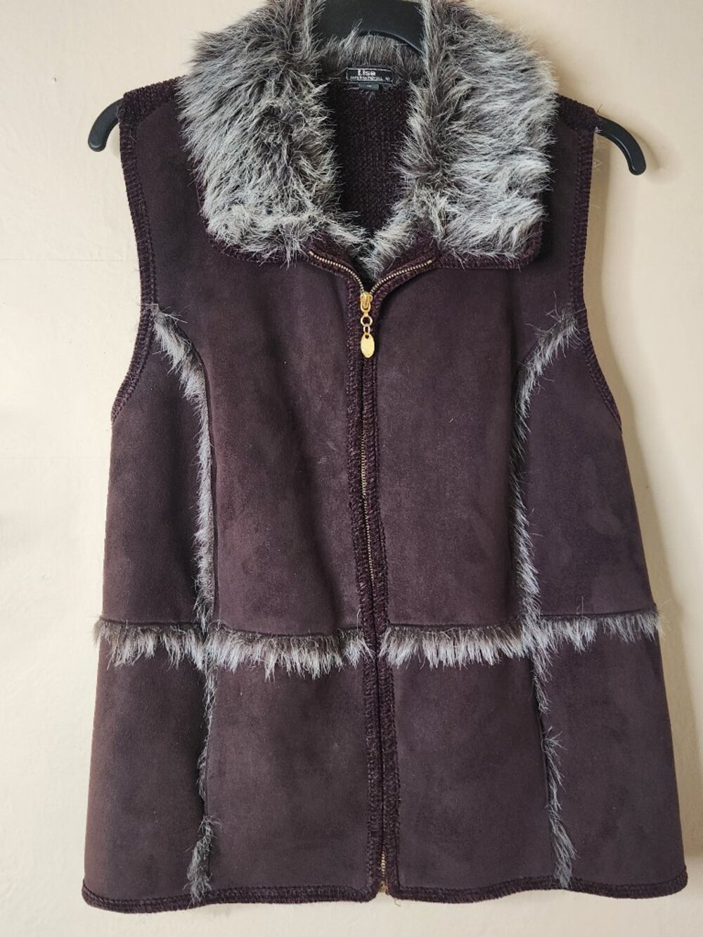 Vintage Lisa International Fluffy Faux Brown Fur Trim Suede Vest Size XL